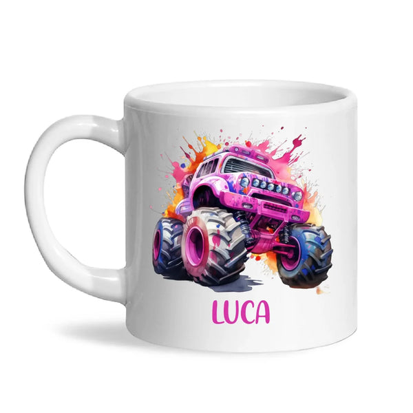 Personalised Monster Truck Cup - Custom Name Kids Mug - Pink Watercolour Monster Truck Design - 11oz, 6oz or Enamel - NZ Made