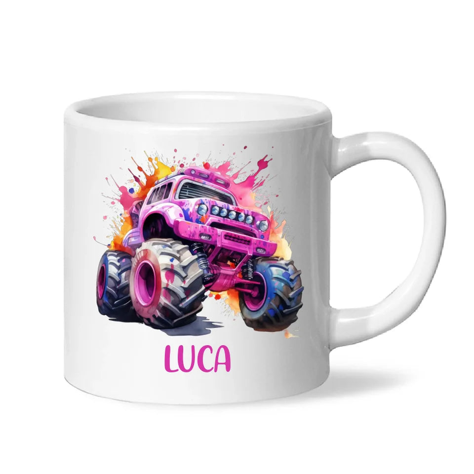 Personalised Monster Truck Cup - Custom Name Kids Mug - Pink Watercolour Monster Truck Design - 11oz, 6oz or Enamel - NZ Made