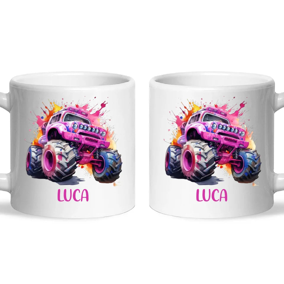 Personalised Monster Truck Cup - Custom Name Kids Mug - Pink Watercolour Monster Truck Design - 11oz, 6oz or Enamel - NZ Made