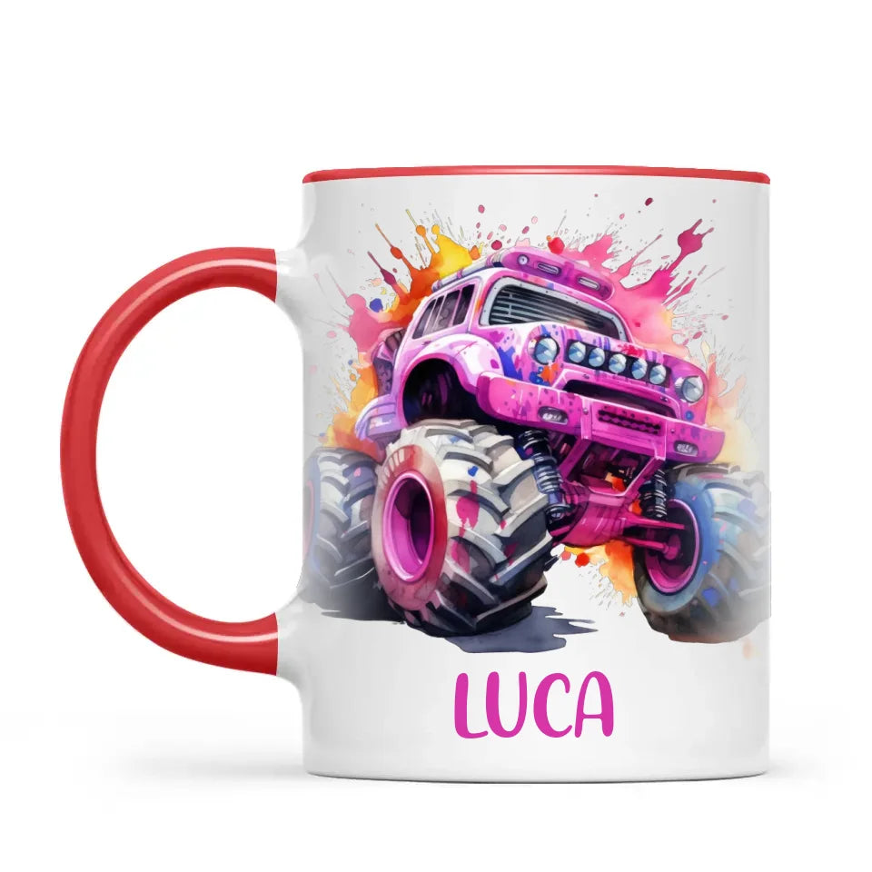 Personalised Monster Truck Cup - Custom Name Kids Mug - Pink Watercolour Monster Truck Design - 11oz, 6oz or Enamel - NZ Made