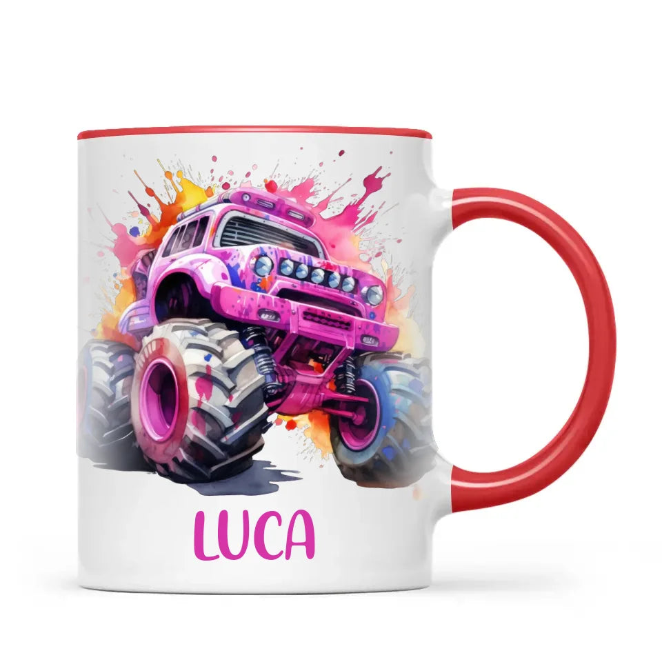 Personalised Monster Truck Cup - Custom Name Kids Mug - Pink Watercolour Monster Truck Design - 11oz, 6oz or Enamel - NZ Made
