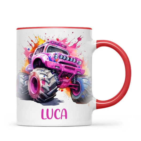 Personalised Monster Truck Cup - Custom Name Kids Mug - Pink Watercolour Monster Truck Design - 11oz, 6oz or Enamel - NZ Made