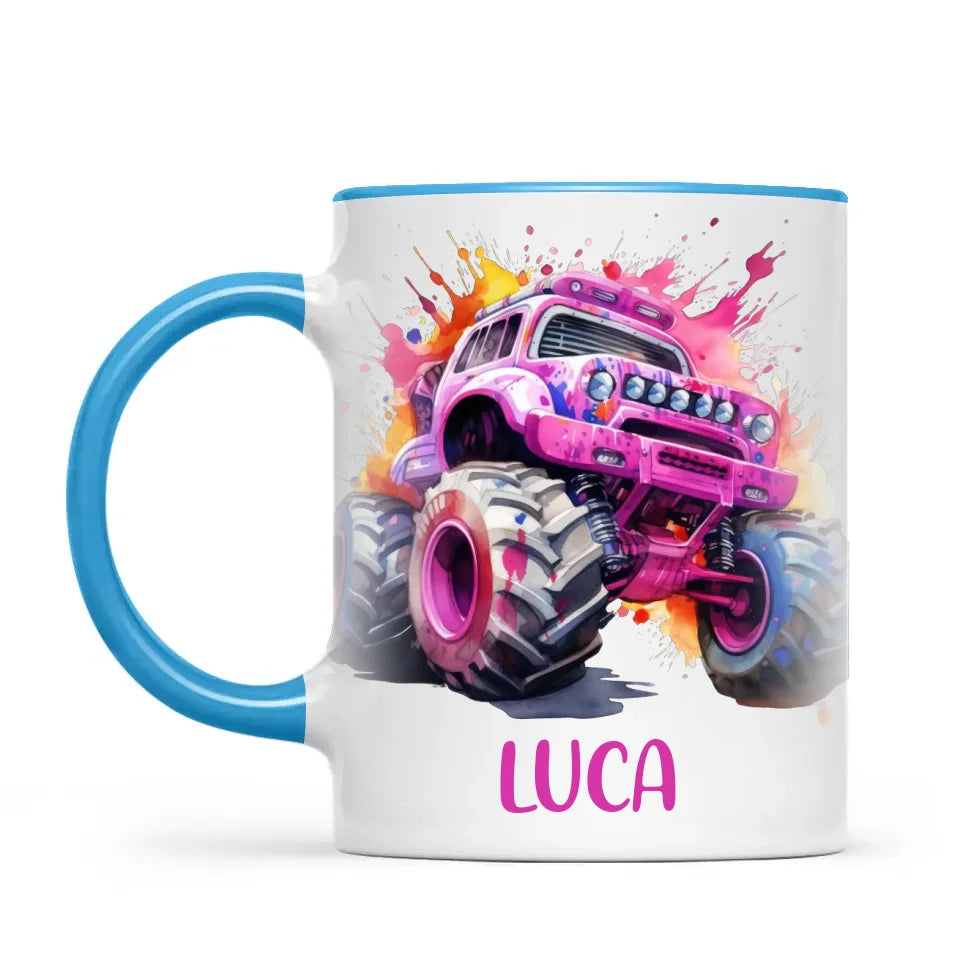Personalised Monster Truck Cup - Custom Name Kids Mug - Pink Watercolour Monster Truck Design - 11oz, 6oz or Enamel - NZ Made