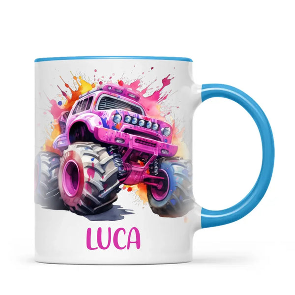 Personalised Monster Truck Cup - Custom Name Kids Mug - Pink Watercolour Monster Truck Design - 11oz, 6oz or Enamel - NZ Made