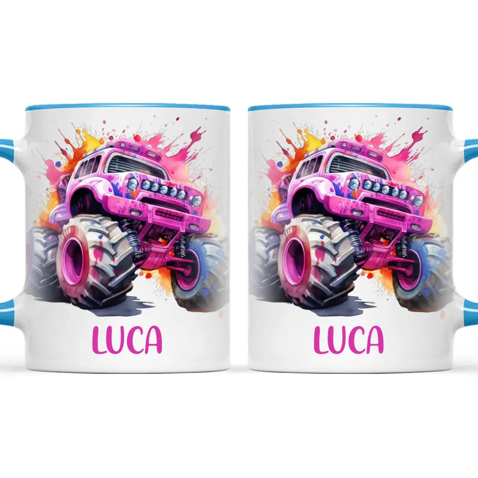Personalised Monster Truck Cup - Custom Name Kids Mug - Pink Watercolour Monster Truck Design - 11oz, 6oz or Enamel - NZ Made