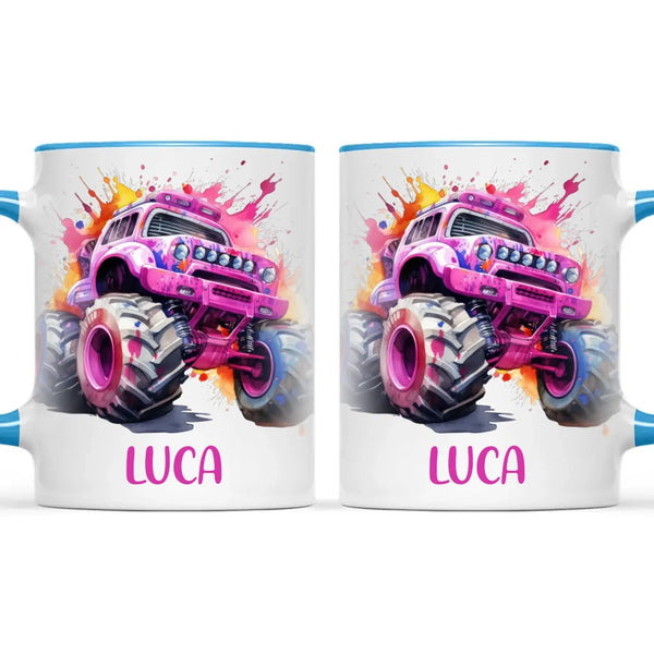 Personalised Monster Truck Cup - Custom Name Kids Mug - Pink Watercolour Monster Truck Design - 11oz, 6oz or Enamel - NZ Made