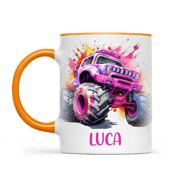Personalised Monster Truck Cup - Custom Name Kids Mug - Pink Watercolour Monster Truck Design - 11oz, 6oz or Enamel - NZ Made