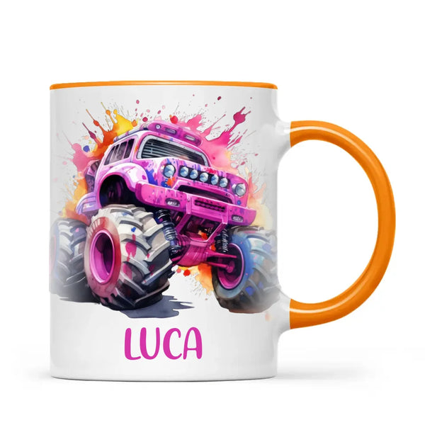 Personalised Monster Truck Cup - Custom Name Kids Mug - Pink Watercolour Monster Truck Design - 11oz, 6oz or Enamel - NZ Made