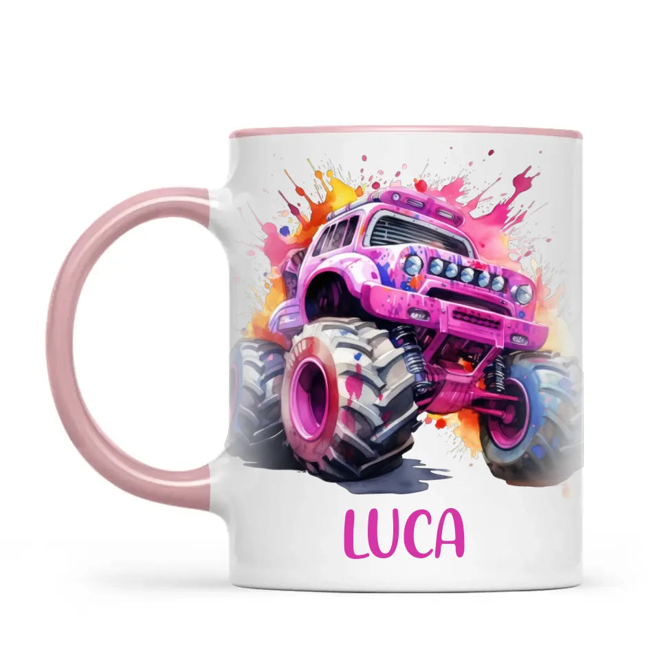 Personalised Monster Truck Cup - Custom Name Kids Mug - Pink Watercolour Monster Truck Design - 11oz, 6oz or Enamel - NZ Made