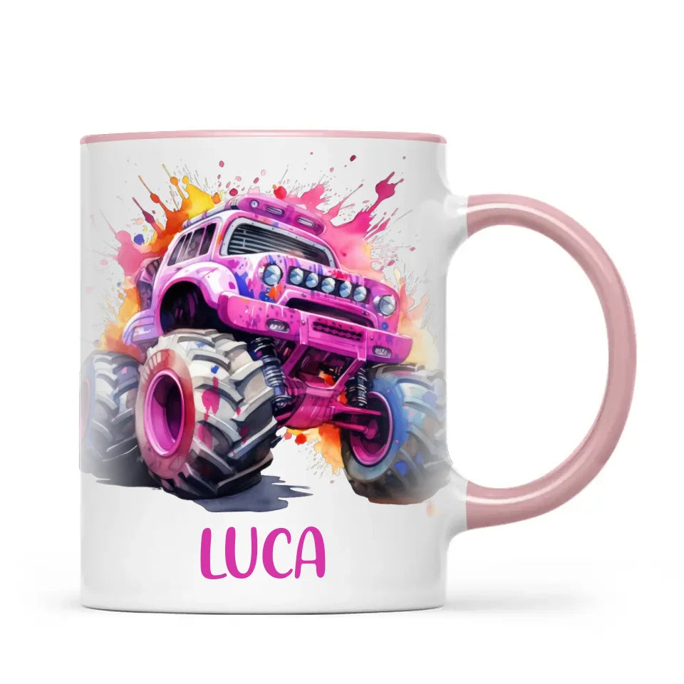 Personalised Monster Truck Cup - Custom Name Kids Mug - Pink Watercolour Monster Truck Design - 11oz, 6oz or Enamel - NZ Made