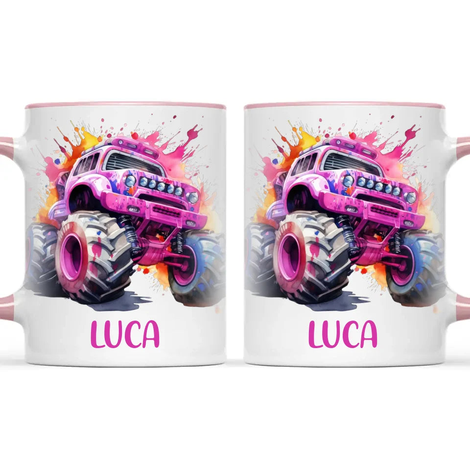 Personalised Monster Truck Cup - Custom Name Kids Mug - Pink Watercolour Monster Truck Design - 11oz, 6oz or Enamel - NZ Made