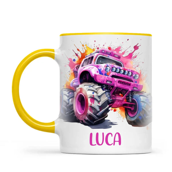 Personalised Monster Truck Cup - Custom Name Kids Mug - Pink Watercolour Monster Truck Design - 11oz, 6oz or Enamel - NZ Made