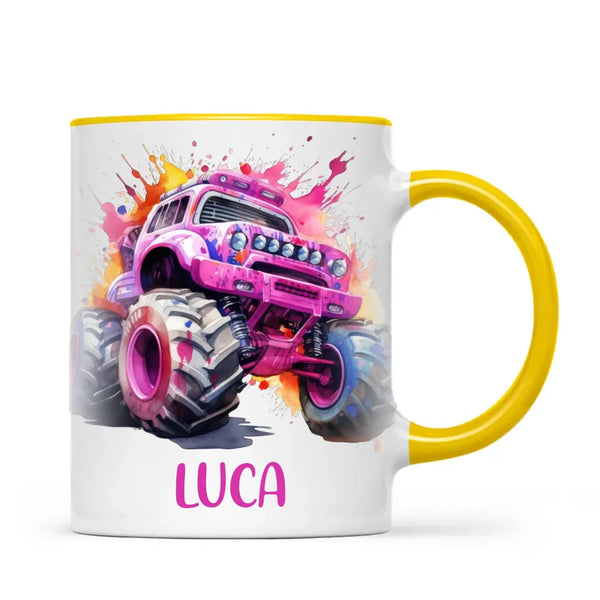Personalised Monster Truck Cup - Custom Name Kids Mug - Pink Watercolour Monster Truck Design - 11oz, 6oz or Enamel - NZ Made