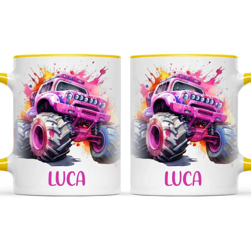 Personalised Monster Truck Cup - Custom Name Kids Mug - Pink Watercolour Monster Truck Design - 11oz, 6oz or Enamel - NZ Made
