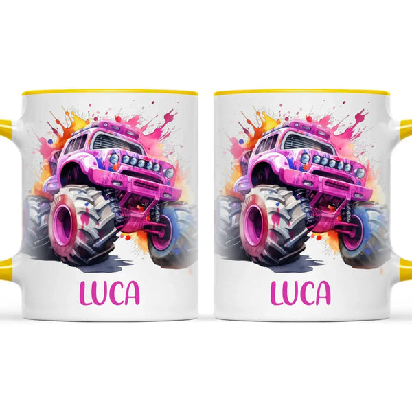 Personalised Monster Truck Cup - Custom Name Kids Mug - Pink Watercolour Monster Truck Design - 11oz, 6oz or Enamel - NZ Made