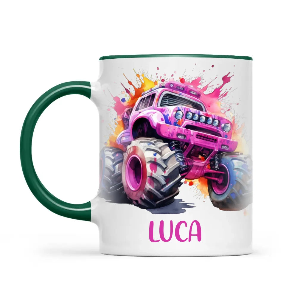 Personalised Monster Truck Cup - Custom Name Kids Mug - Pink Watercolour Monster Truck Design - 11oz, 6oz or Enamel - NZ Made