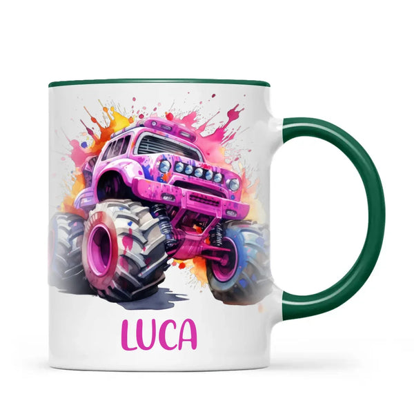 Personalised Monster Truck Cup - Custom Name Kids Mug - Pink Watercolour Monster Truck Design - 11oz, 6oz or Enamel - NZ Made