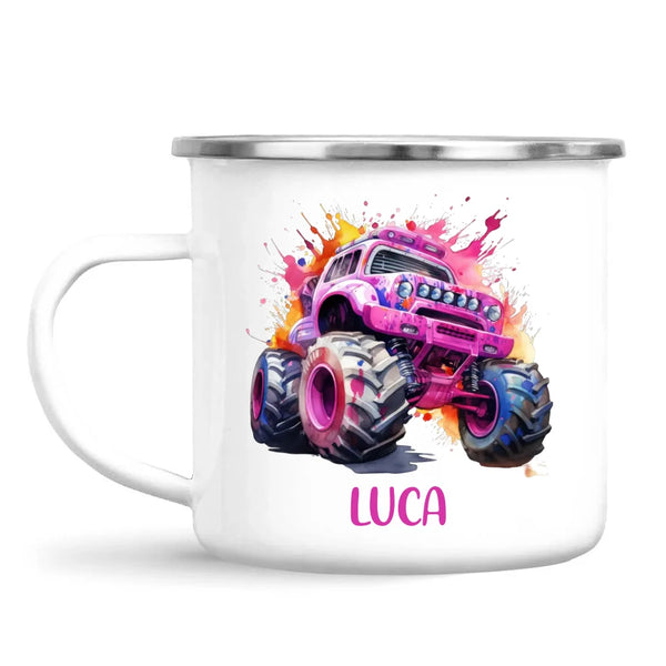 Personalised Monster Truck Cup - Custom Name Kids Mug - Pink Watercolour Monster Truck Design - 11oz, 6oz or Enamel - NZ Made