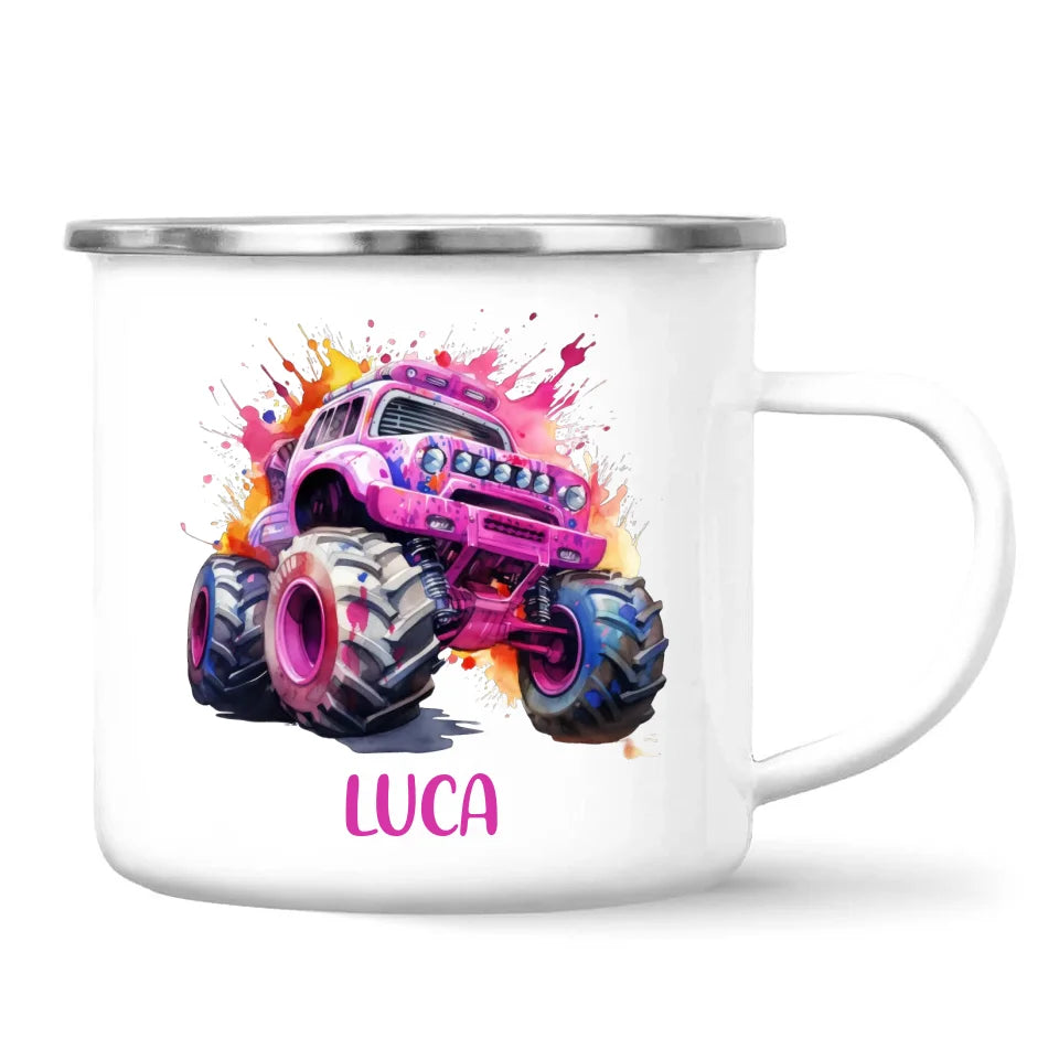 Personalised Monster Truck Cup - Custom Name Kids Mug - Pink Watercolour Monster Truck Design - 11oz, 6oz or Enamel - NZ Made