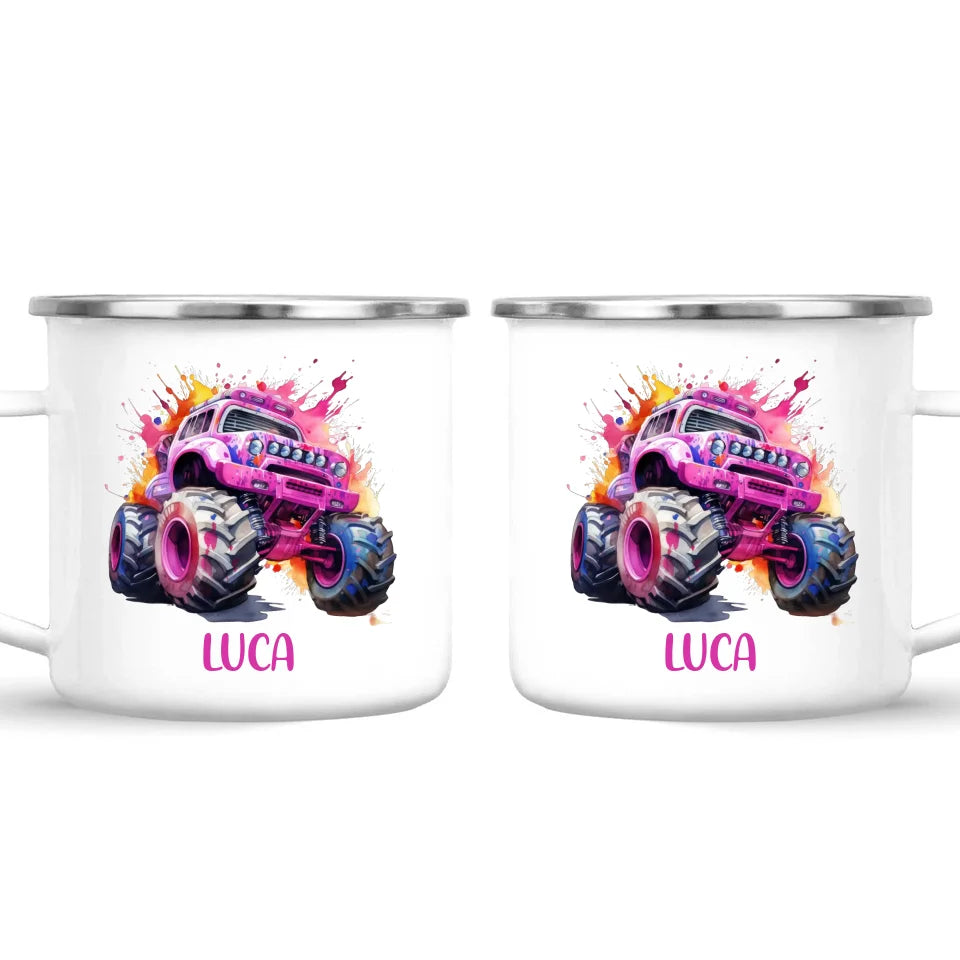 Personalised Monster Truck Cup - Custom Name Kids Mug - Pink Watercolour Monster Truck Design - 11oz, 6oz or Enamel - NZ Made