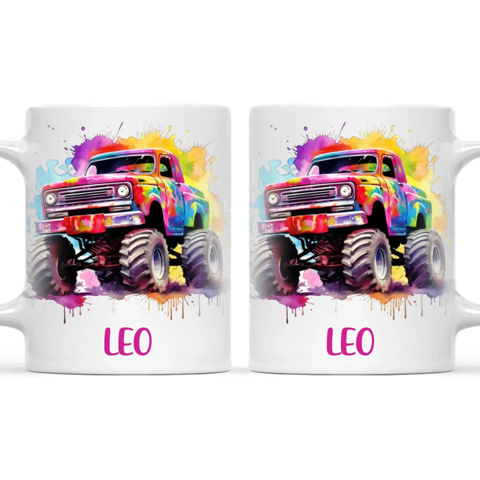 Personalised Colour Splash Monster Truck Cup - Custom Name Kids Mug - Vibrant Off-Road Design - 11oz, 6oz or Enamel - NZ Made