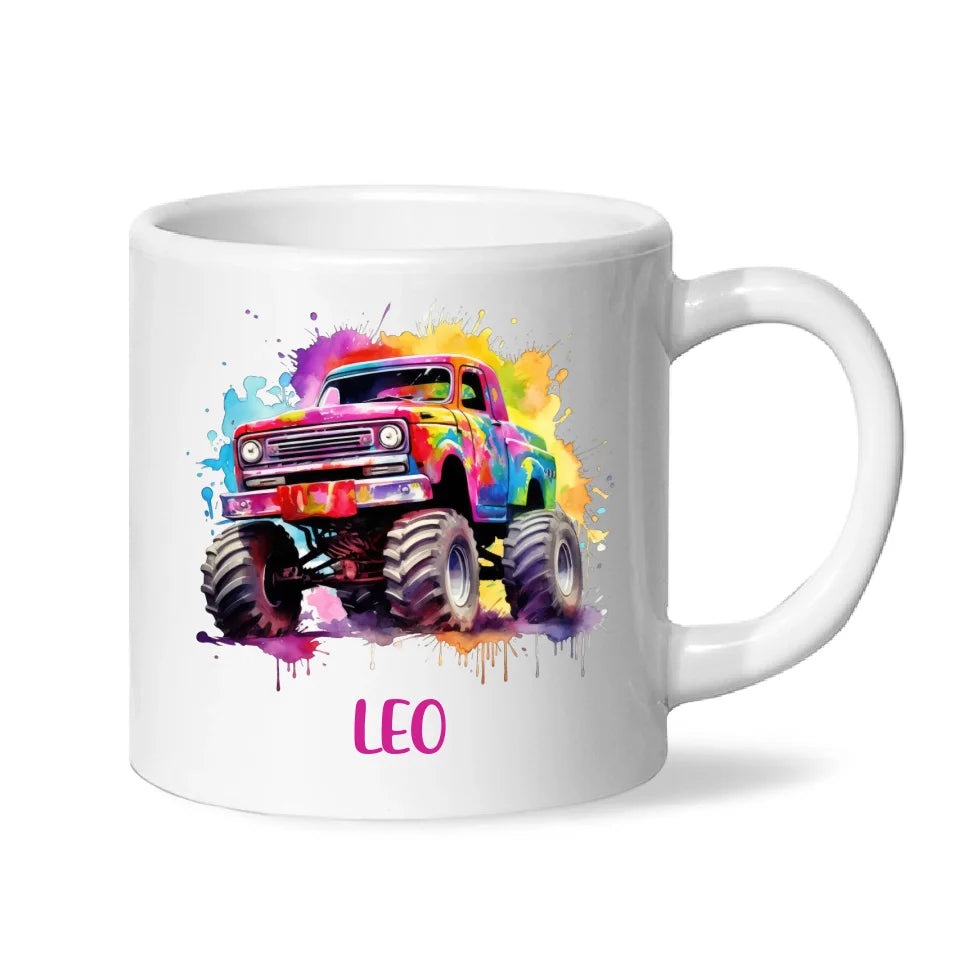 Personalised Colour Splash Monster Truck Cup - Custom Name Kids Mug - Vibrant Off-Road Design - 11oz, 6oz or Enamel - NZ Made