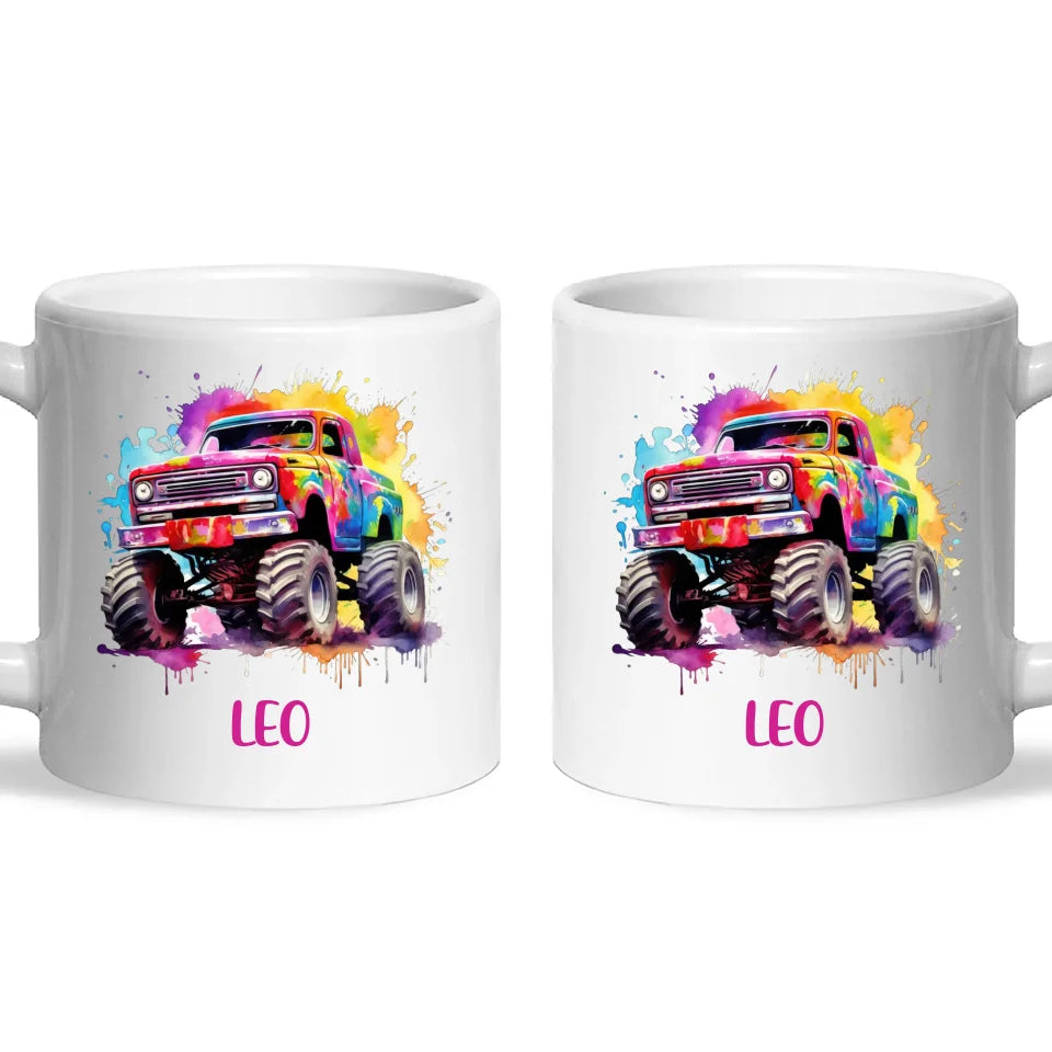Personalised Colour Splash Monster Truck Cup - Custom Name Kids Mug - Vibrant Off-Road Design - 11oz, 6oz or Enamel - NZ Made