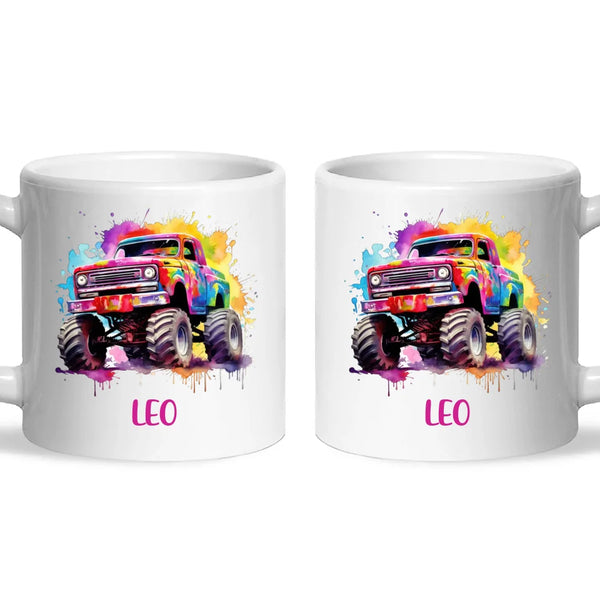 Personalised Colour Splash Monster Truck Cup - Custom Name Kids Mug - Vibrant Off-Road Design - 11oz, 6oz or Enamel - NZ Made