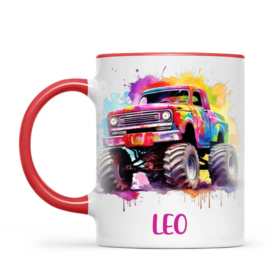 Personalised Colour Splash Monster Truck Cup - Custom Name Kids Mug - Vibrant Off-Road Design - 11oz, 6oz or Enamel - NZ Made