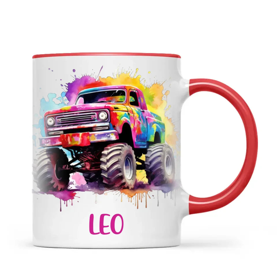 Personalised Colour Splash Monster Truck Cup - Custom Name Kids Mug - Vibrant Off-Road Design - 11oz, 6oz or Enamel - NZ Made