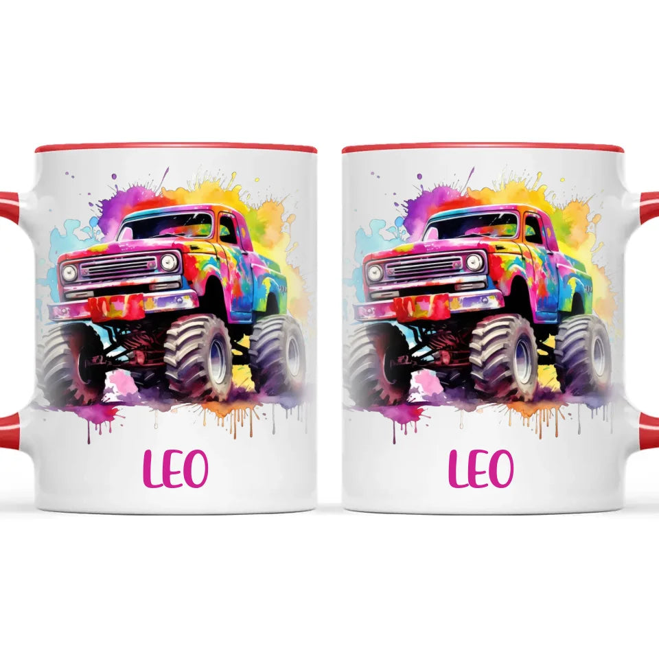 Personalised Colour Splash Monster Truck Cup - Custom Name Kids Mug - Vibrant Off-Road Design - 11oz, 6oz or Enamel - NZ Made