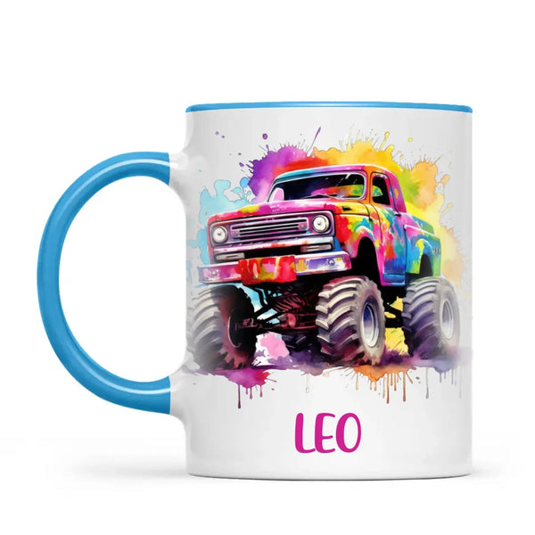Personalised Colour Splash Monster Truck Cup - Custom Name Kids Mug - Vibrant Off-Road Design - 11oz, 6oz or Enamel - NZ Made