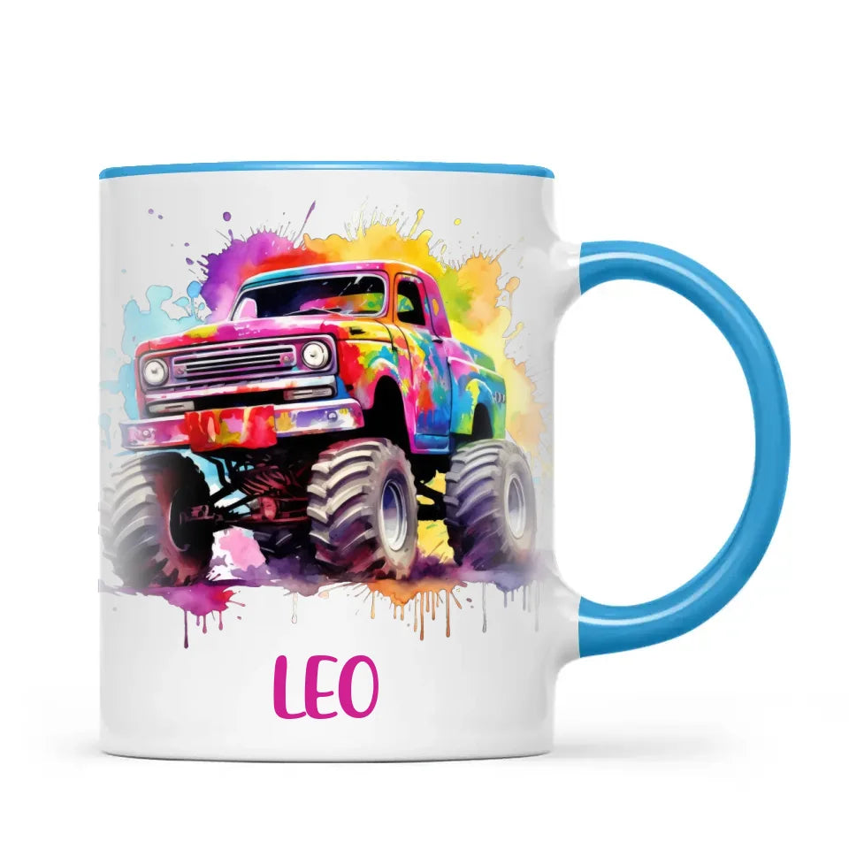 Personalised Colour Splash Monster Truck Cup - Custom Name Kids Mug - Vibrant Off-Road Design - 11oz, 6oz or Enamel - NZ Made