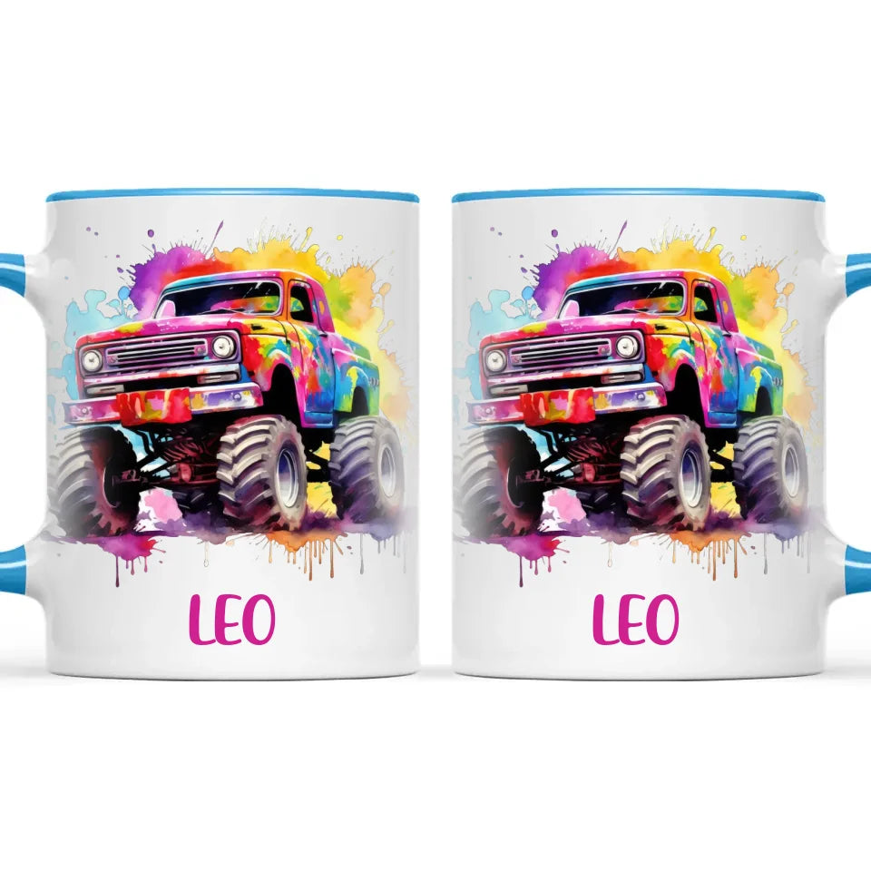 Personalised Colour Splash Monster Truck Cup - Custom Name Kids Mug - Vibrant Off-Road Design - 11oz, 6oz or Enamel - NZ Made
