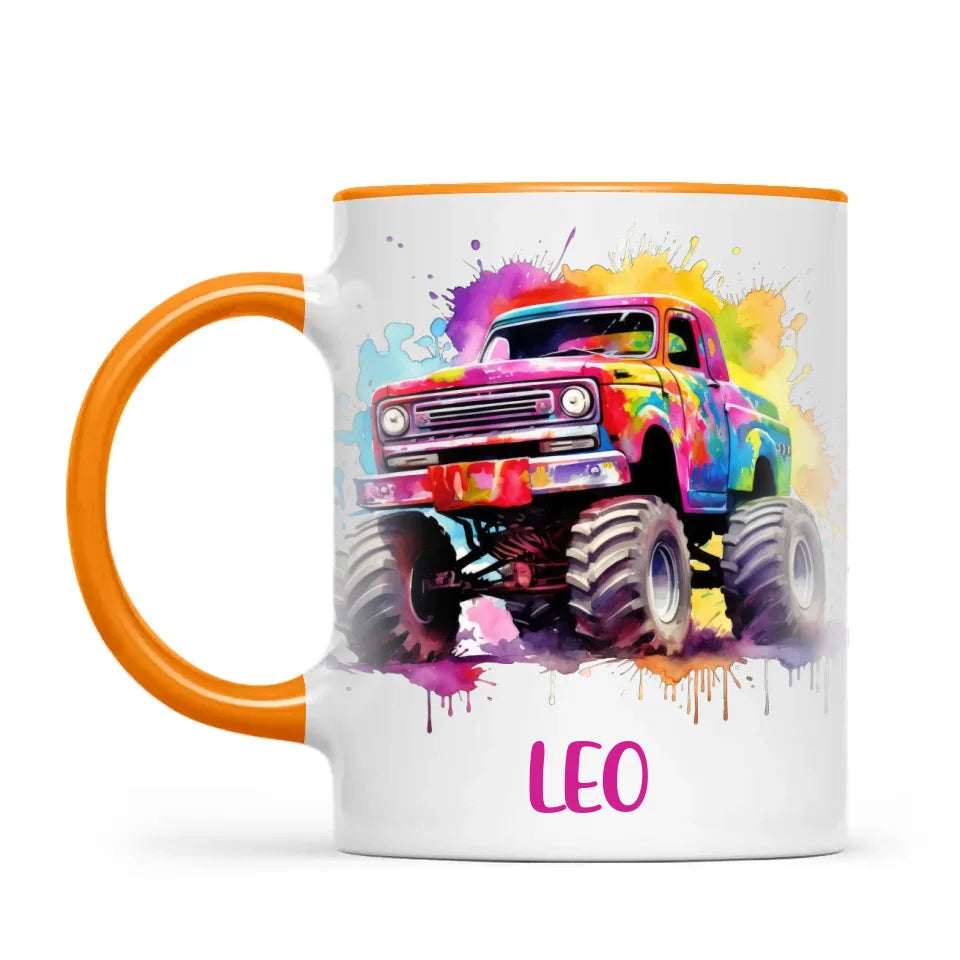 Personalised Colour Splash Monster Truck Cup - Custom Name Kids Mug - Vibrant Off-Road Design - 11oz, 6oz or Enamel - NZ Made