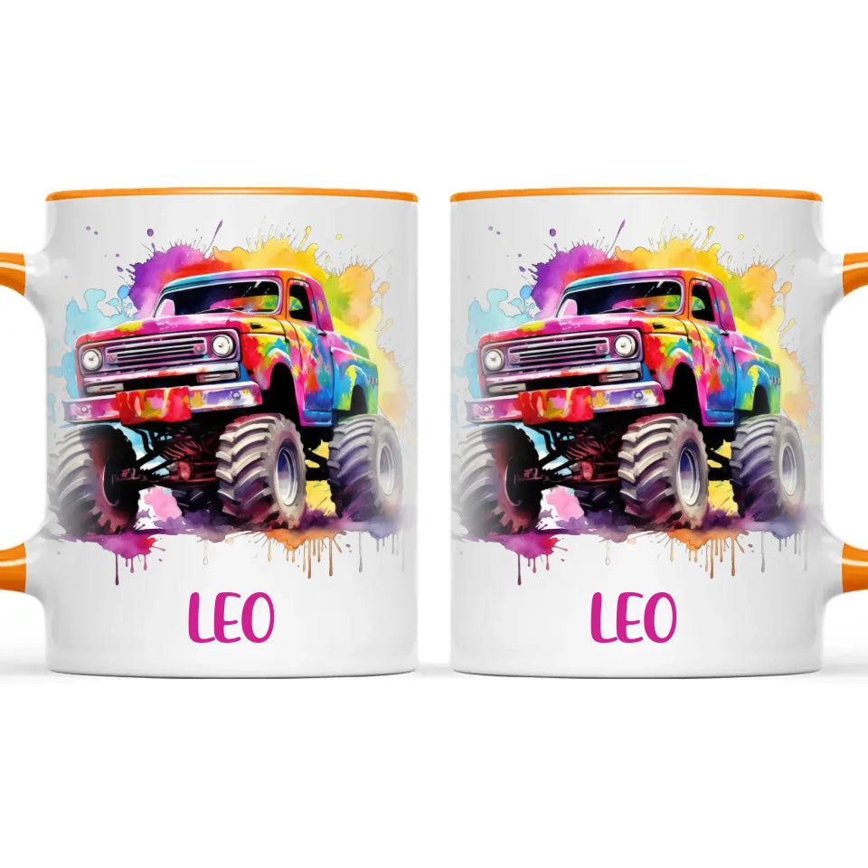 Personalised Colour Splash Monster Truck Cup - Custom Name Kids Mug - Vibrant Off-Road Design - 11oz, 6oz or Enamel - NZ Made