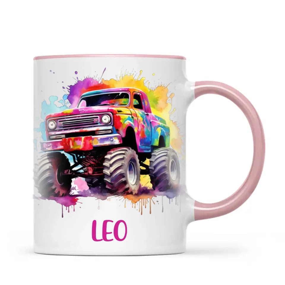 Personalised Colour Splash Monster Truck Cup - Custom Name Kids Mug - Vibrant Off-Road Design - 11oz, 6oz or Enamel - NZ Made