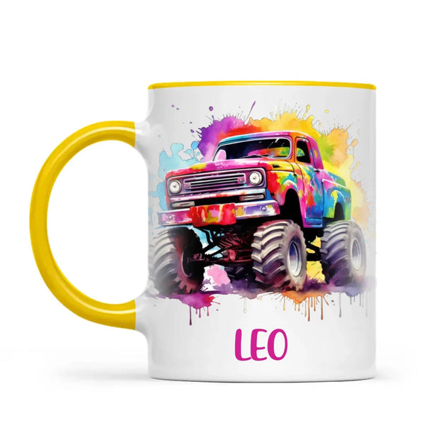Personalised Colour Splash Monster Truck Cup - Custom Name Kids Mug - Vibrant Off-Road Design - 11oz, 6oz or Enamel - NZ Made