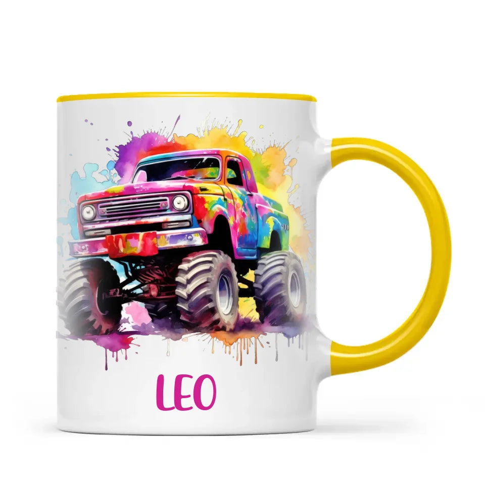 Personalised Colour Splash Monster Truck Cup - Custom Name Kids Mug - Vibrant Off-Road Design - 11oz, 6oz or Enamel - NZ Made