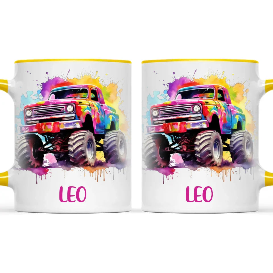 Personalised Colour Splash Monster Truck Cup - Custom Name Kids Mug - Vibrant Off-Road Design - 11oz, 6oz or Enamel - NZ Made