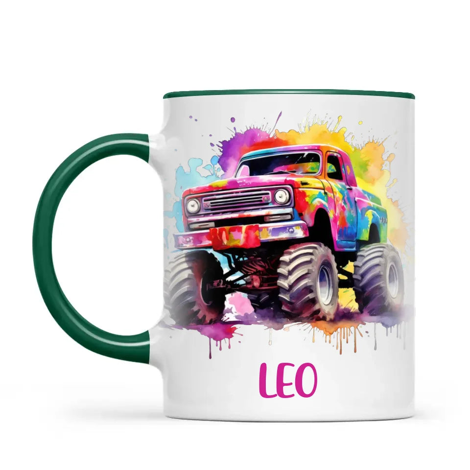 Personalised Colour Splash Monster Truck Cup - Custom Name Kids Mug - Vibrant Off-Road Design - 11oz, 6oz or Enamel - NZ Made