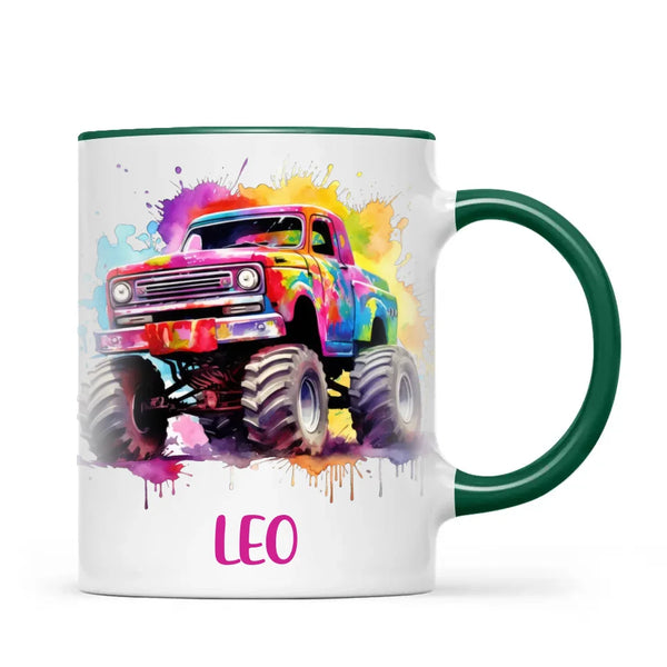 Personalised Colour Splash Monster Truck Cup - Custom Name Kids Mug - Vibrant Off-Road Design - 11oz, 6oz or Enamel - NZ Made