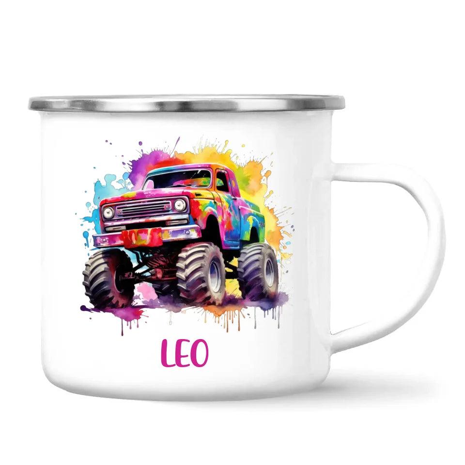 Personalised Colour Splash Monster Truck Cup - Custom Name Kids Mug - Vibrant Off-Road Design - 11oz, 6oz or Enamel - NZ Made
