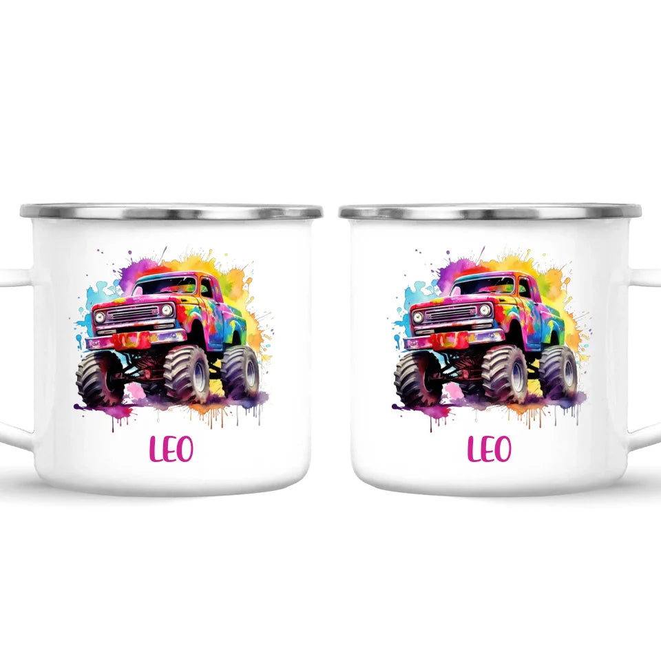 Personalised Colour Splash Monster Truck Cup - Custom Name Kids Mug - Vibrant Off-Road Design - 11oz, 6oz or Enamel - NZ Made