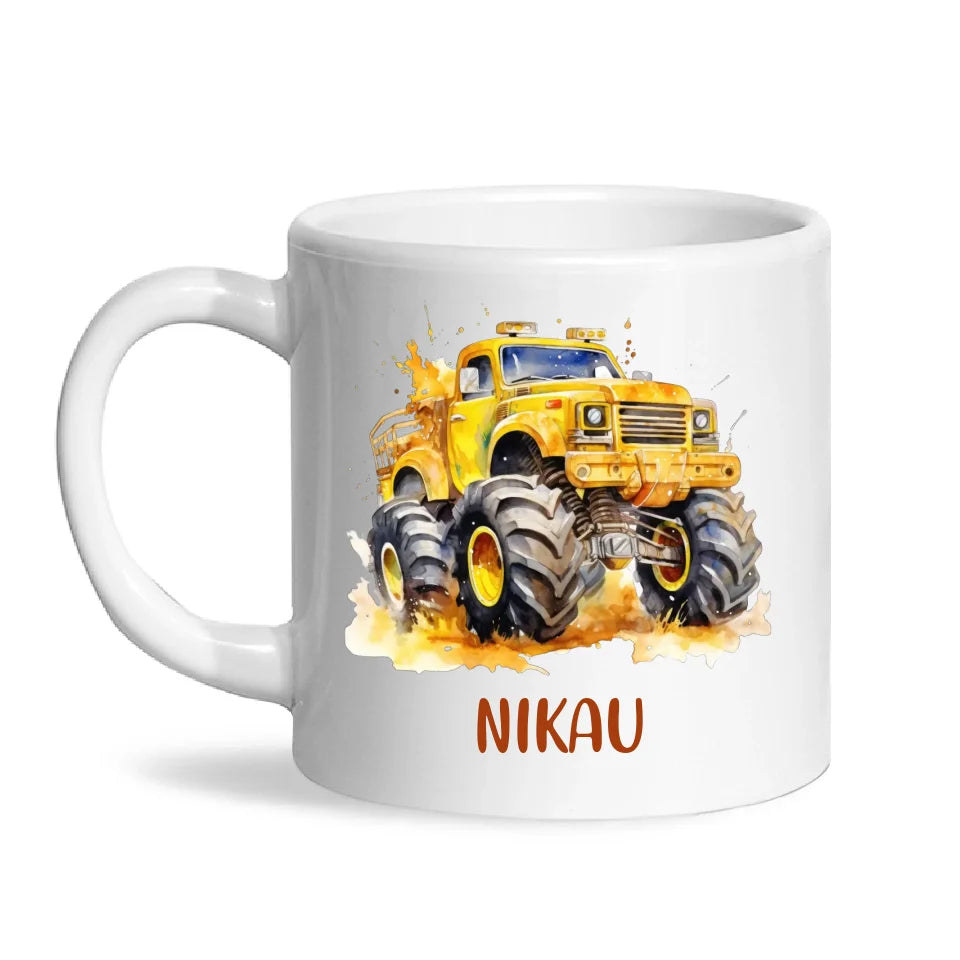 Personalised Yellow Monster Truck Cup - Custom Name Kids Mug - Big Wheel Adventure Design - 11oz, 6oz or Enamel - NZ Made