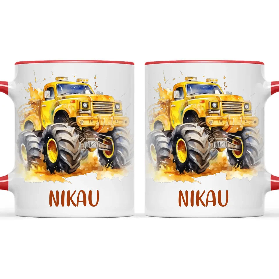 Personalised Yellow Monster Truck Cup - Custom Name Kids Mug - Big Wheel Adventure Design - 11oz, 6oz or Enamel - NZ Made