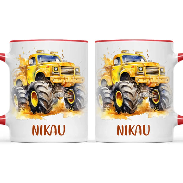 Personalised Yellow Monster Truck Cup - Custom Name Kids Mug - Big Wheel Adventure Design - 11oz, 6oz or Enamel - NZ Made