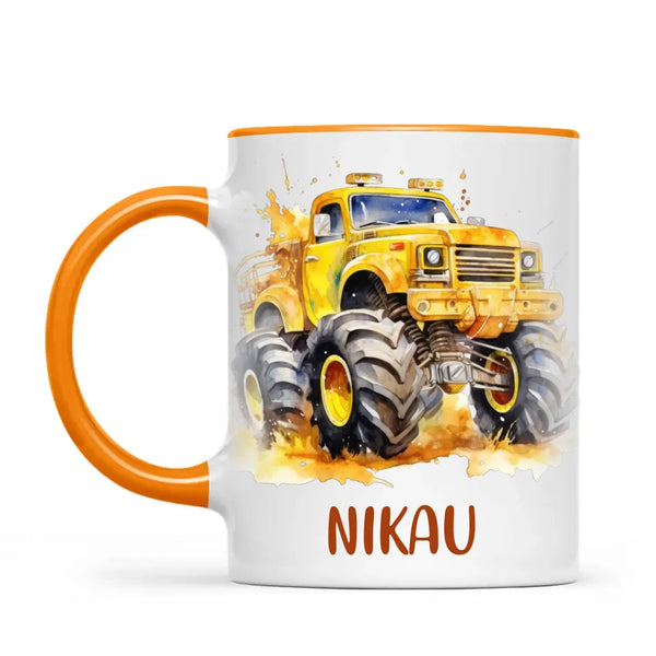 Personalised Yellow Monster Truck Cup - Custom Name Kids Mug - Big Wheel Adventure Design - 11oz, 6oz or Enamel - NZ Made