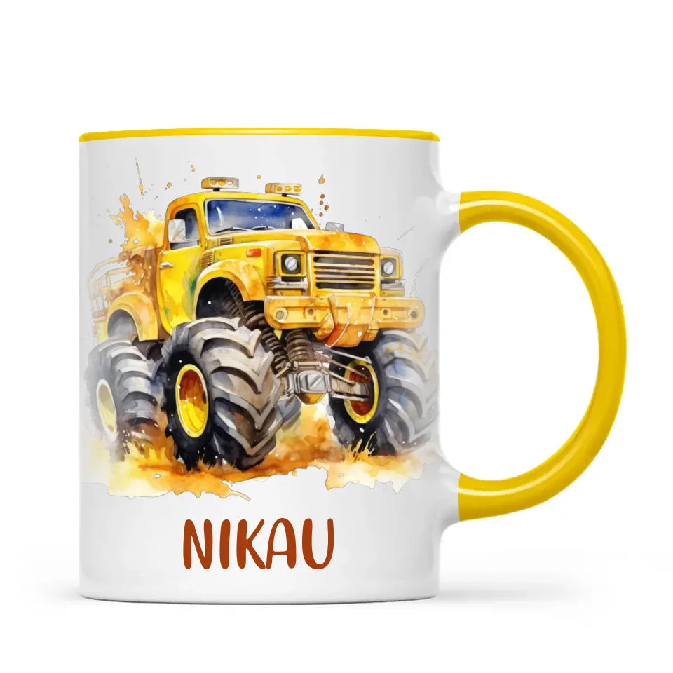 Personalised Yellow Monster Truck Cup - Custom Name Kids Mug - Big Wheel Adventure Design - 11oz, 6oz or Enamel - NZ Made