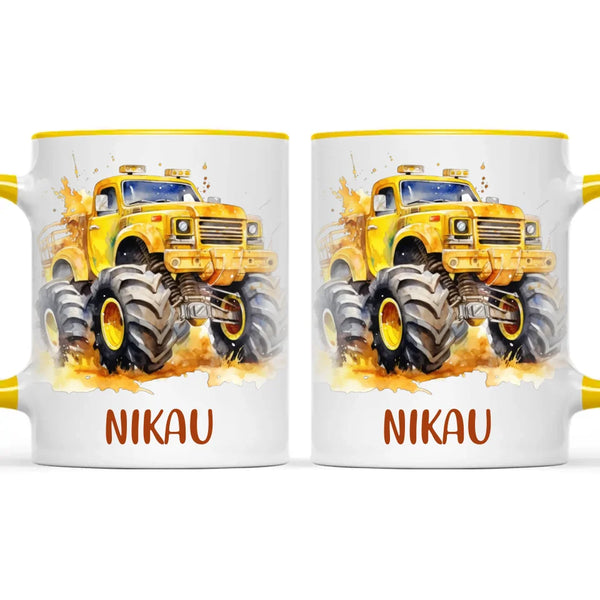 Personalised Yellow Monster Truck Cup - Custom Name Kids Mug - Big Wheel Adventure Design - 11oz, 6oz or Enamel - NZ Made